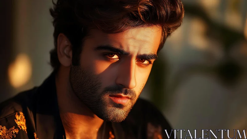 Brooding man in golden sunset light conveys quiet intensity