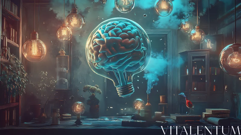 Glowing brain-shaped lightbulb illuminates surreal study