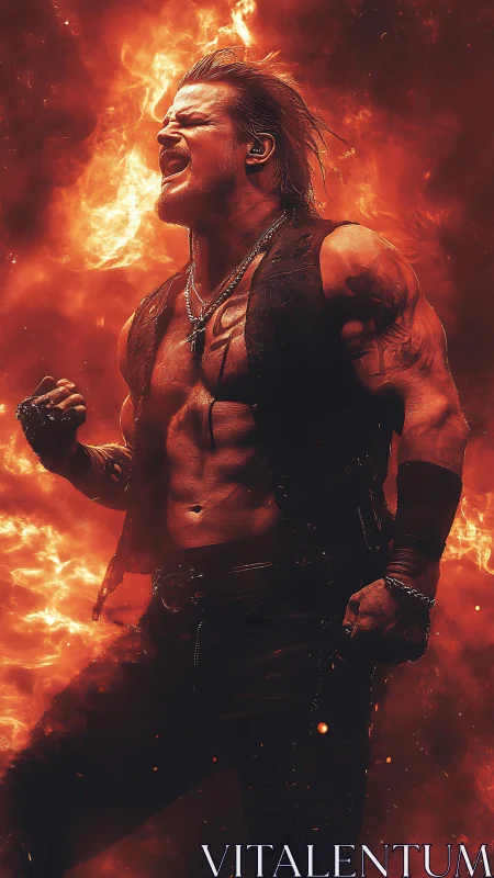 Fiery rock singer roars with power amid blazing flames.