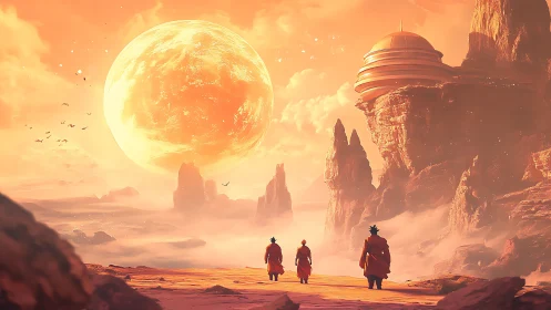 Solar colossus over alien mesa city with robed travelers.