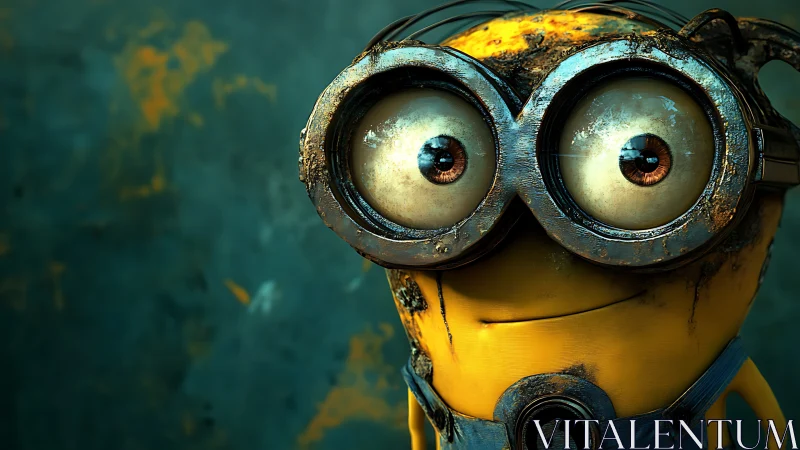 Curious yellow helper with big rusty goggles and a grin.