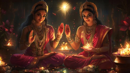 Divine twin goddesses in ritual firelight, jeweled saris, bokeh glow