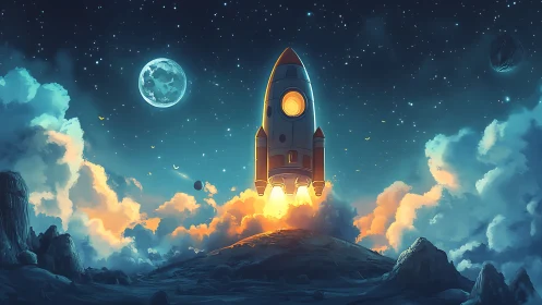 Joyful cartoon rocket lifts off toward a shimmering moonlit sky