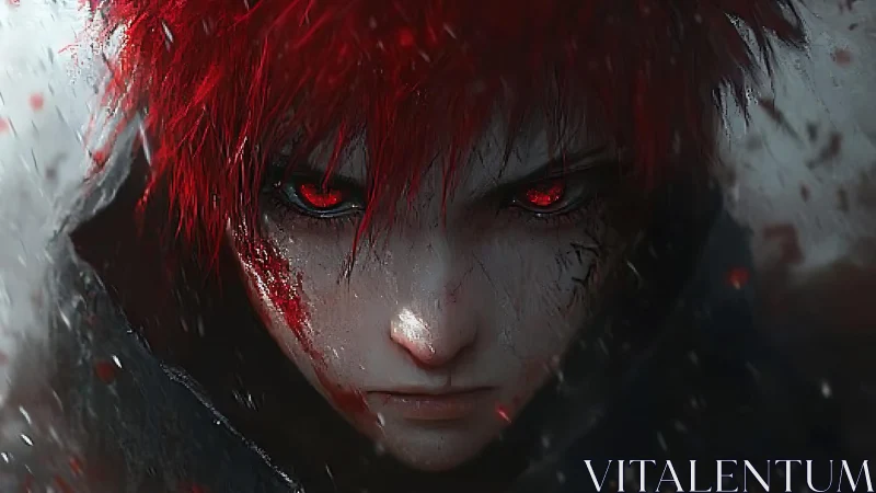 Crimson-eyed wanderer facing the storm with fierce resolve.