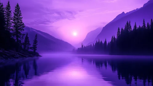 Dreamy violet mountain lake glowing in gentle evening light.