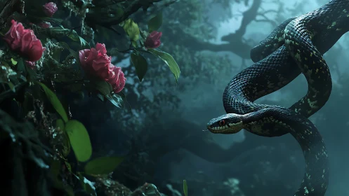 Midnight forest serpent quietly guards blooming pink roses