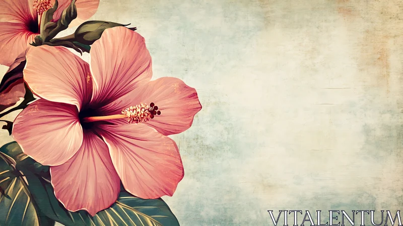Vintage hibiscus illustration with textured pastel backdrop.
