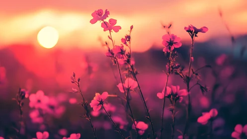 Wildflower silhouettes glow in neon sunset bokeh field.