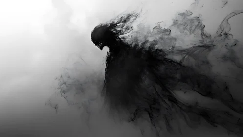 Shadow wraith dissolving into swirling monochrome mist.
