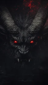 Horned shadow beast with ember eyes emerging from dark.