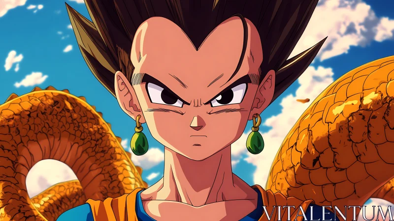 Anime warrior portrait with celestial dragon backdrop framing.