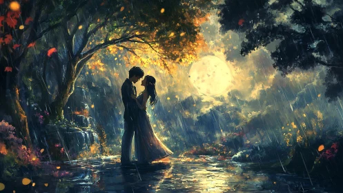 Two figures in moonlit forest landscape.