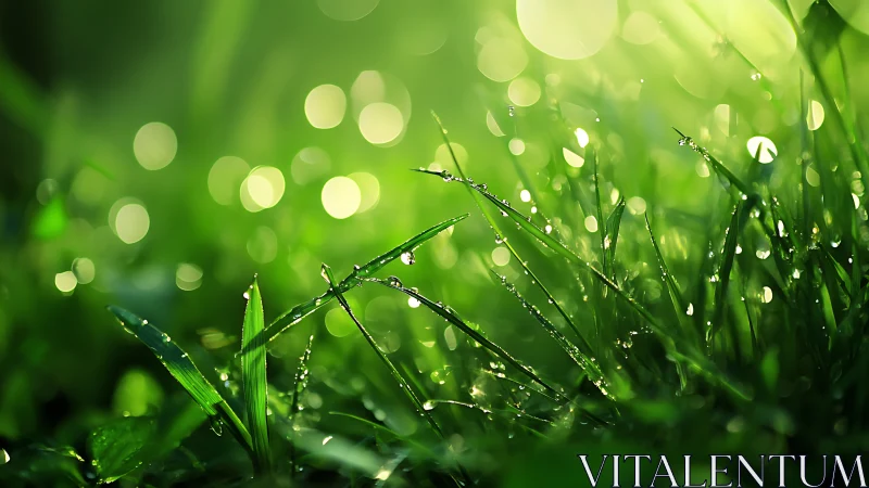 Morning dew on bright green grass in soft sunlight.