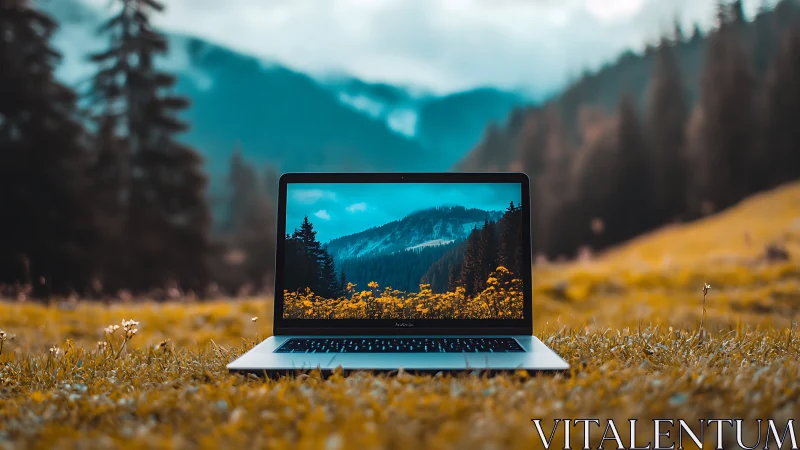 Open laptop integrates alpine landscape within its display