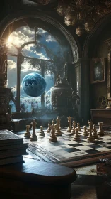 Surreal chessboard in ornate study with floating planet.