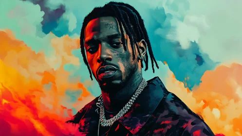 Digital portrait of man with jewelry against gradient clouds