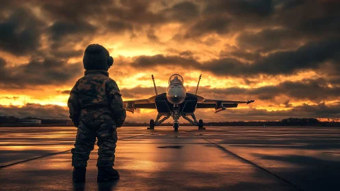 Child in flight suit watching fighter jet at sunset runway