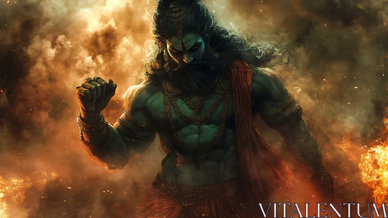 Mythic green warrior stands in fiery smoke filled battleground.