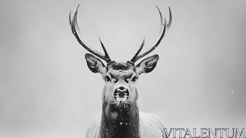 Front-facing stag in high-key snowfall with symmetric antler spread