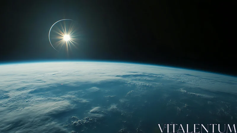 Solar eclipse above Earth horizon with radiant corona.