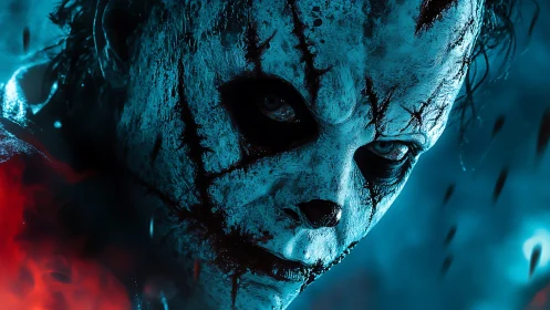 Sinister clown face emerges from blue firelit darkness.