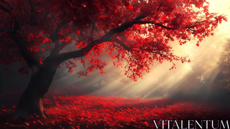 Red-leafed tree extends over forest floor in directed sunlight