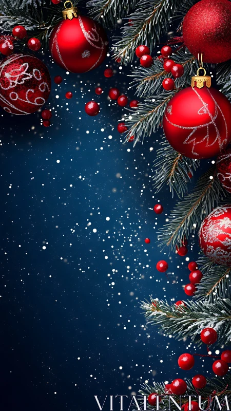 Red baubles hang on fir branches over dark blue background