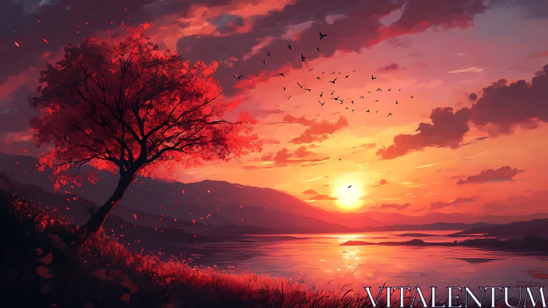 Red tree overlooks reflective lake at vivid sunset