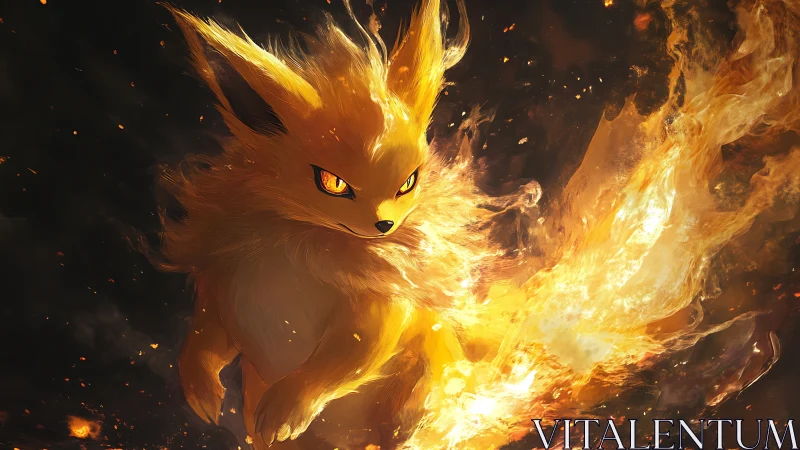 Fiery fox spirit charges through swirling inferno blaze.