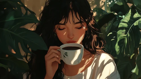 Leaflit coffee hush with a daydreaming garden muse.