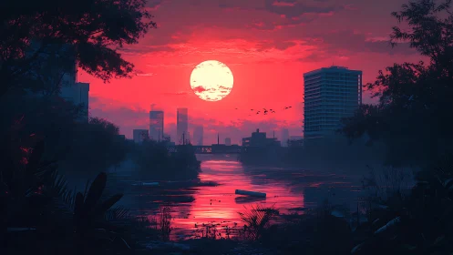 Crimson river sunset cradling a quiet neon-kissed cityscape.