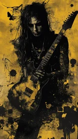 Brooding rock guitarist emerges from chaotic ink and gold haze