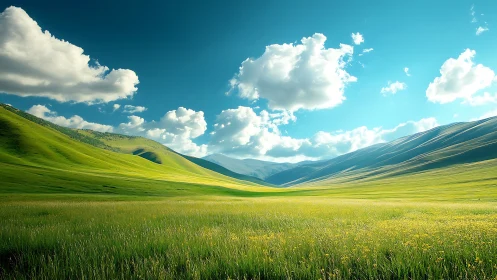 Rolling emerald valley under cloud-drifted summer hush.