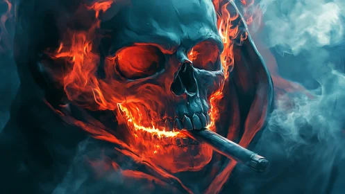 Fiery skull with burning hood and smoking cigar in mist