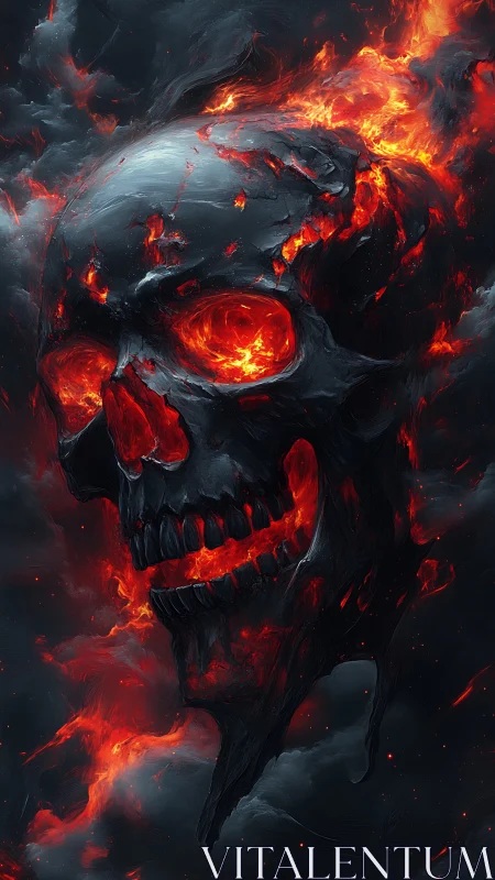 Infernal ember skull drifting through volcanic midnight storm.