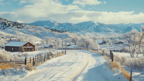 Winter ranch road curving toward sunlit snowbound mountains.