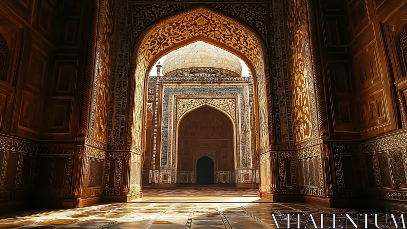 Golden arches quietly cradle a sunlit Mughal courtyard