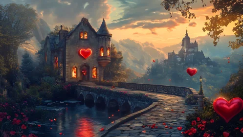 Medieval castle landscape with neon heart motifs.