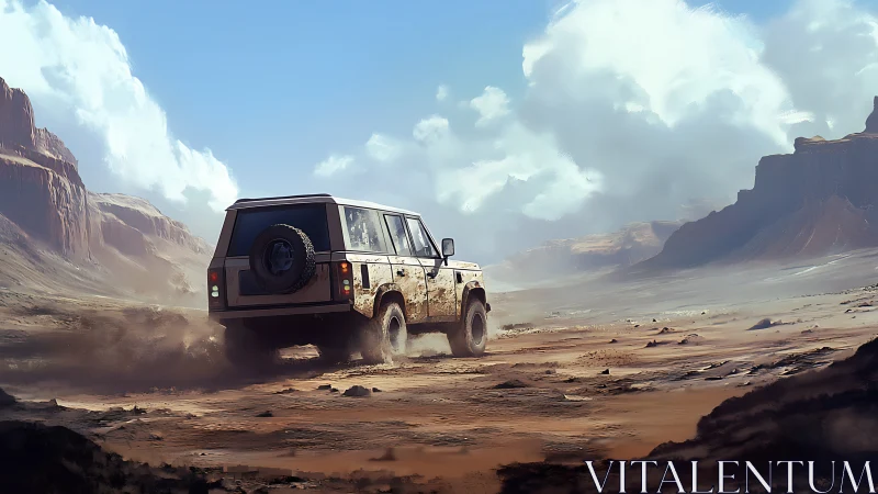 Off road SUV drives through dry desert canyon landscape