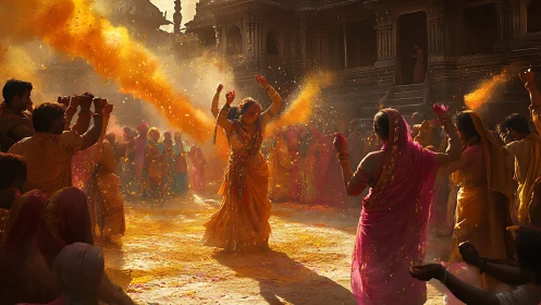 Color storms swirl as joyous dancers ignite a Holi courtyard