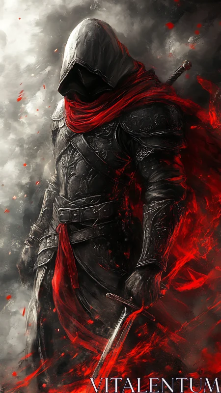 Hooded rogue in ornate armor wreathed in red spectral flames
