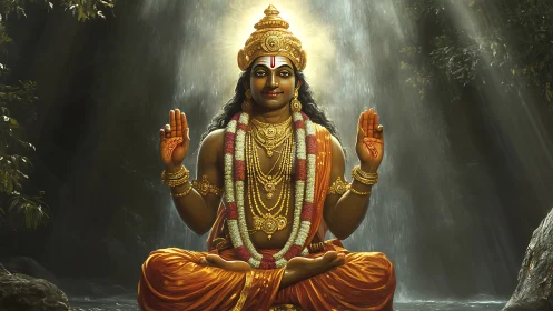 Radiant forest deity in lotus calm beneath silver waterfalls.