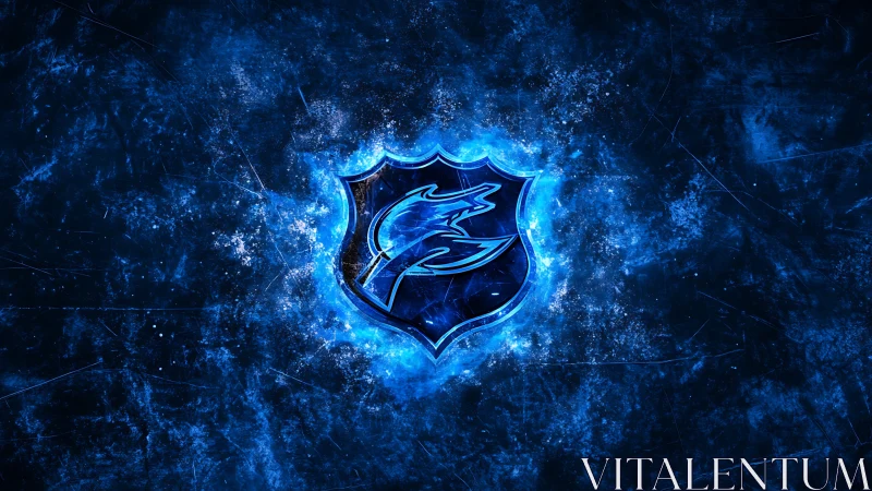 Electric blue shield emblem with stylized bird symbol.