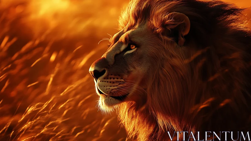 Lion profile in warm backlight shows detailed mane texture