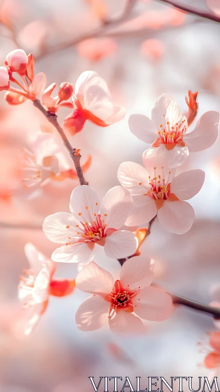 Luminous coral blossoms with delicate stamen clusters on backlit branch.
