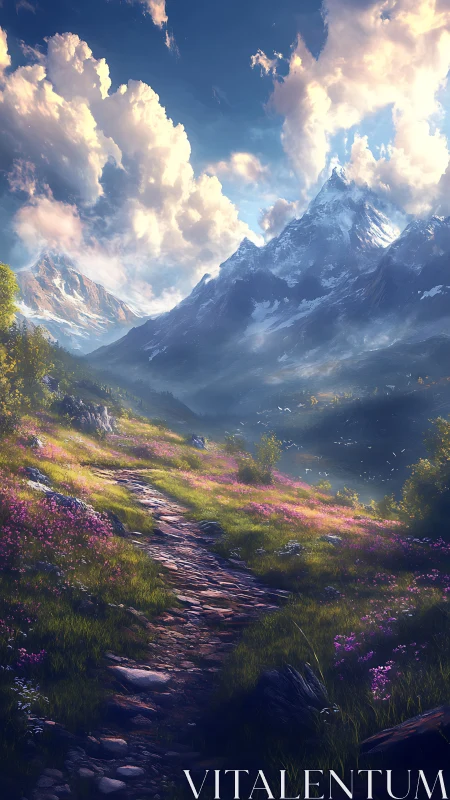 Mountain path under luminous clouds and alpine wildflowers.