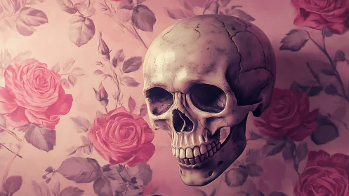 Human skull is rendered against patterned rose wallpaper