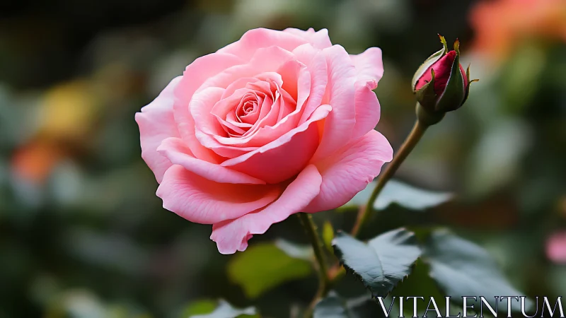 Pink Rose in Full Bloom Against Softly Blurred Garden.