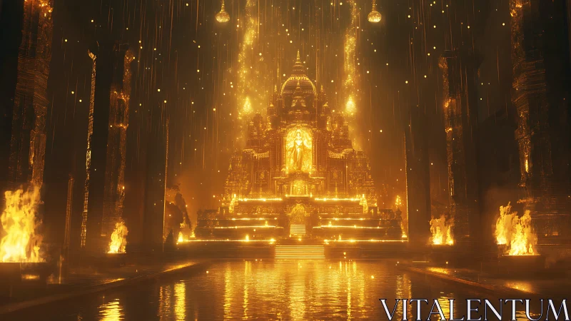 Golden temple blazes amid falling embers in a fiery sanctuary.