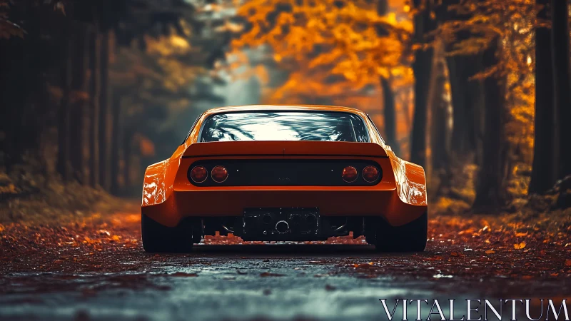 Bright orange sports car resting on a peaceful autumn road.